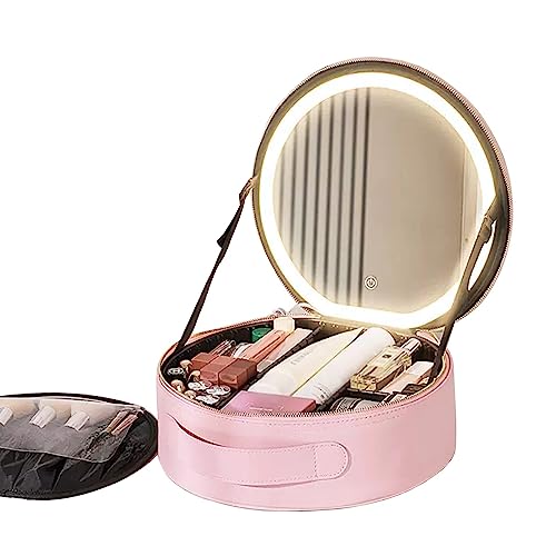 Kosmetiktasche für Damen, Kosmetikkoffer, professionell, Make-up-Organizer mit Spiegel, mit LED-Licht, tragbar, Kosmetikkoffer, rund, Schwarz, Pink, one size, Casual