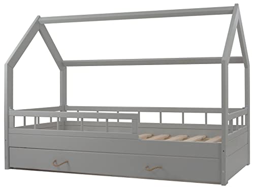 Hausbett Kinderbett mit Schublade Rausfallschutz Skandinavisches Design 160x80cm (Farbe: grau)