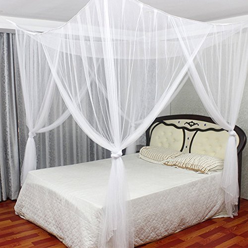 MAGILONA Home 4 Eckpfosten Betthimmel, Moskitonetz, Bett- oder Außennetz, passend für Doppelbett, Queen-Size-Bett, King-Size-Bett, eine offene Tür (weiß)