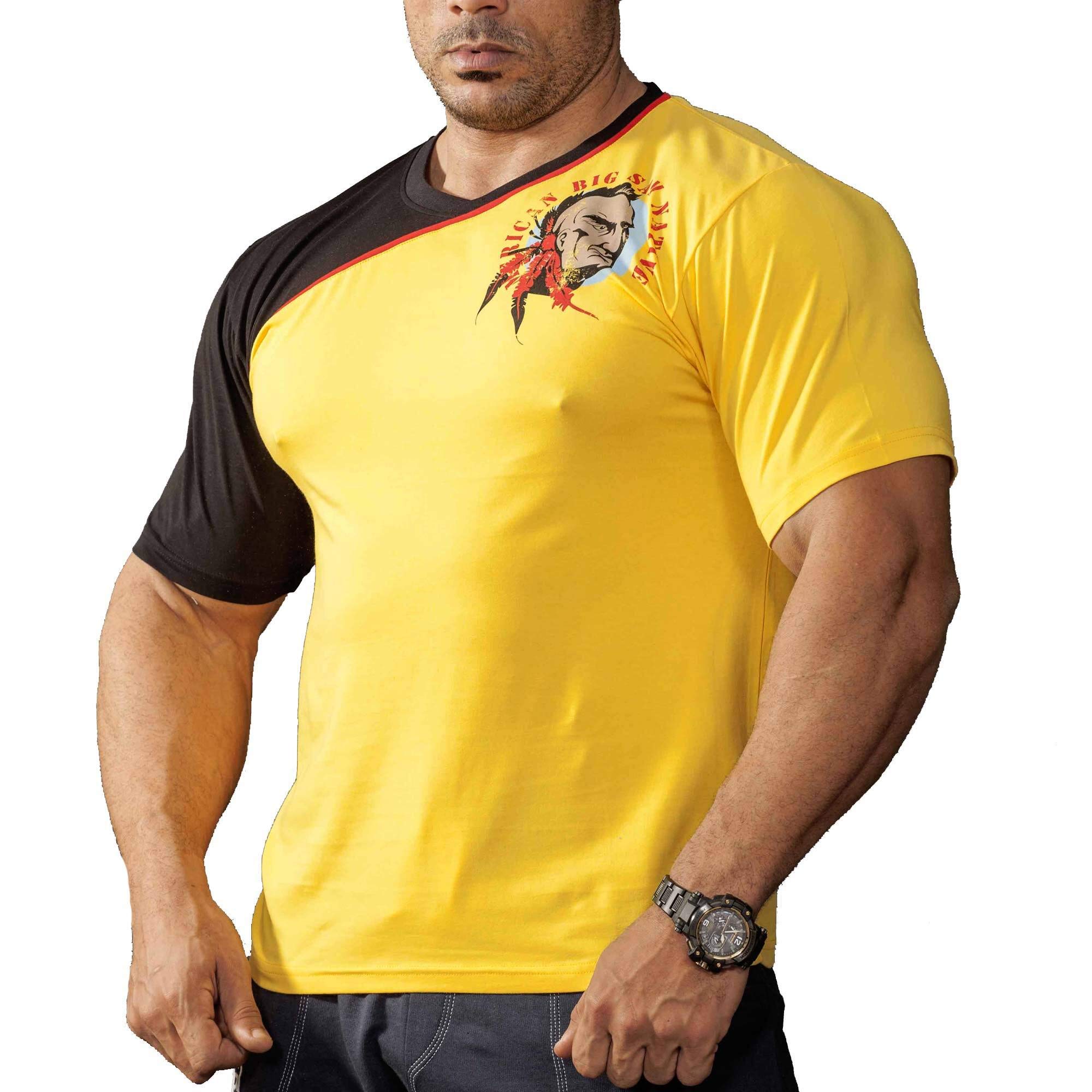 Big SM Sportswear MUSCLEWEAR Shirt T-Shirt Stretch Shirt Bodybuilding Gym Fitness Herren halbarm 2829 gelb XL