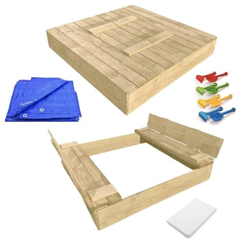 Sandbox mit Deckel Sandkasten aus Naturholz 120x120 Sandkiste mit Sitzbänken Holz Spielzeug Garten Spielzeug