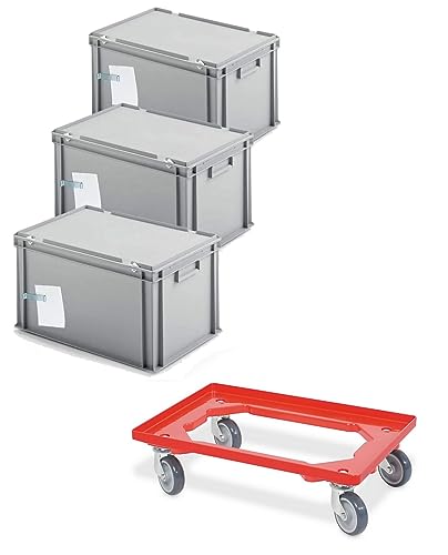 BRB 3x Ordner-Archivboxen für je 7 Ordner (A4, breiter Rücken), inkl. Transportroller (grau)