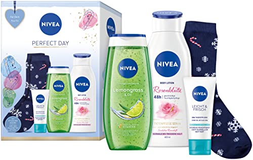 NIVEA Perfect Day Geschenkset, Pflegeset mit NIVEA Essentials für den perfekten Tag, Geschenkbox mit Tagespflege, Pflegedusche, Body Lotion und stylischen Socken