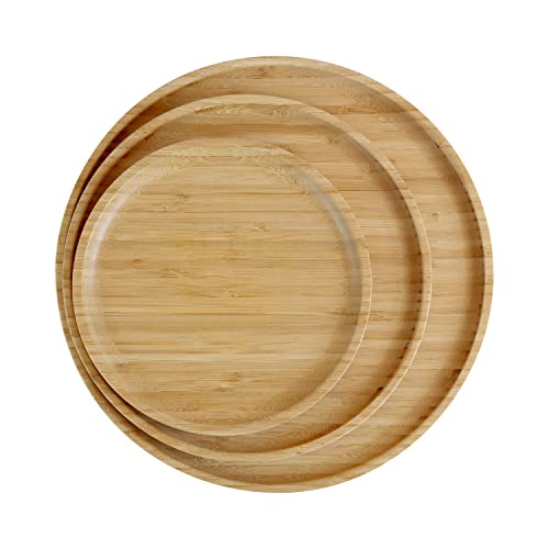 pandoo 100% Bambus Teller | Runde Holzteller, Bamboo Plates, Bambus Deko, Speiseteller, Bambus Geschirr, Geschirrset, Holz Teller Set, Mehrweg Teller | 3-Set (1X20 cm, 1X25 cm, 1X30 cm)