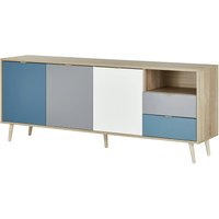 FINORI Sideboard Kommode Cuba in Sonoma Eiche hell mit Petrol, weiß und grau Tricolor skandinavische Anrichte 180 x 71 cm