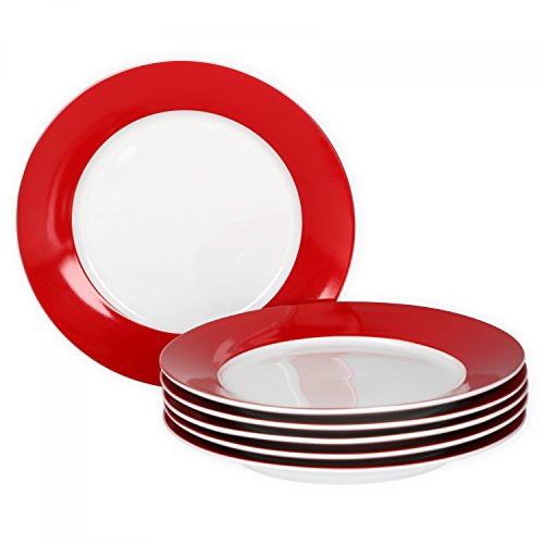 Van Well 6er Set Frühstücksteller Serie Vario Porzellan - Farbe wählbar, Farbe:rot