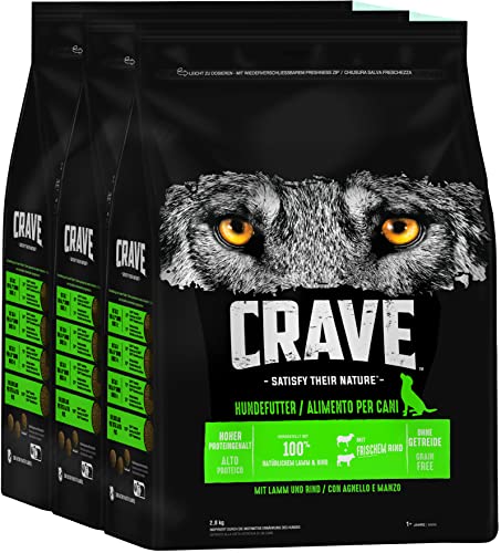 Crave Premium Trockenfutter mit Lamm & Rind für Hunde – Getreidefreies Adult Hundefutter mit hohem Proteingehalt – 3 x 2,8 kg