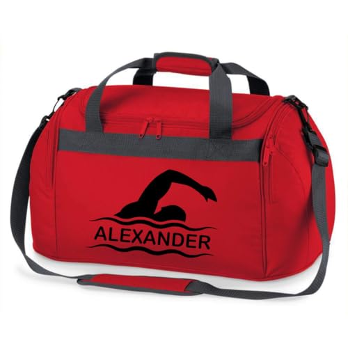 minimutz Sporttasche Schwimmen für Kinder - Personalisierbar mit Name - Schwimmtasche Duffle Bag für Mädchen und Jungen (rot)
