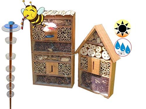 Gartendeko-Stecker mit Lichteffekt, Sonnenfänger als funktionale Bienentränke + 2X Lotus BIENENHAUS Insektenhaus,XXL Bienenstock & Bienenfutterstation für Wildbienen, Hummeln, Hellbraun