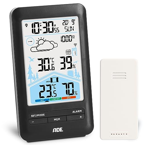 ADE Digitale Wetterstation und Funkwecker in einem WS2132 mit Lüftungsempfehlung, Außensensor, Dual-Alarm, Funkuhr Wettervorhersage, Schlummer Funktion, Kalender in 15 Sprachen mit LCD-Farbdisplay