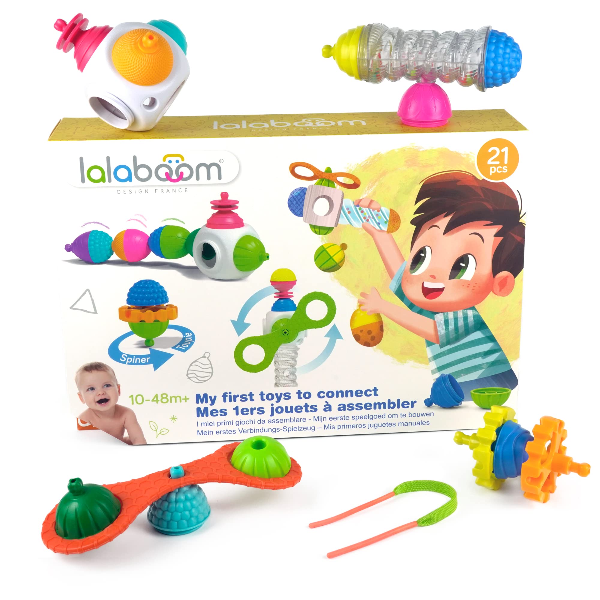 Lalaboom – Preschool Learning Toy - Construction Gift Set - Step by Step Toy - 6 Classic Toys and 7 Chunky Beads with Accessory - 21 Pieces - from 10 Months to 4 Years Old, BL600