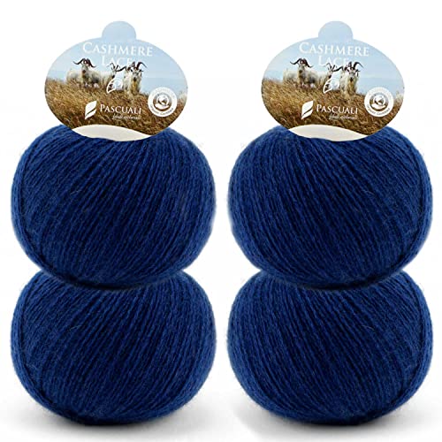 4 Knäuel Pascuali Bio Cashmere Lace. Strickwolle aus 100% Kaschmirwolle (Bio) Wolle zum Stricken und Häkeln, Farbe:Navy 32