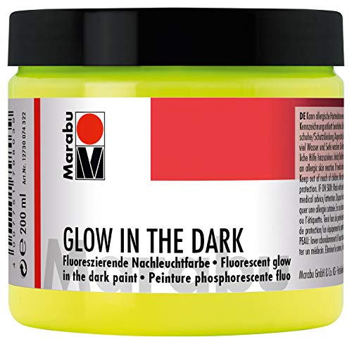 Marabu 12730074322 - Glow in the dark, nachleucht-gelb, 200 ml Dose, lasierende, fluoreszierende Nachleuchtfarbe auf Wasserbasis, leuchtet im Dunkeln und unter schwarzlicht