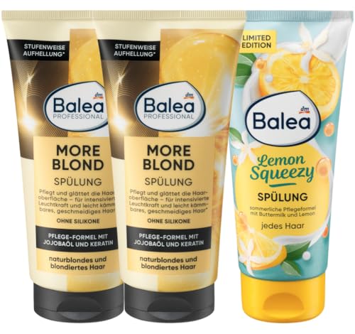 Balea 3er-Set Haarpflege: Professional Spülung MORE BLOND mit Jojobaöl & Keratin für naturblondes & blondes Haar (2 x 200 ml) + Haarspülung LEMON SQUEEZY Geschmeidigkeit & Kämmbarkeit (200 ml), 600 ml