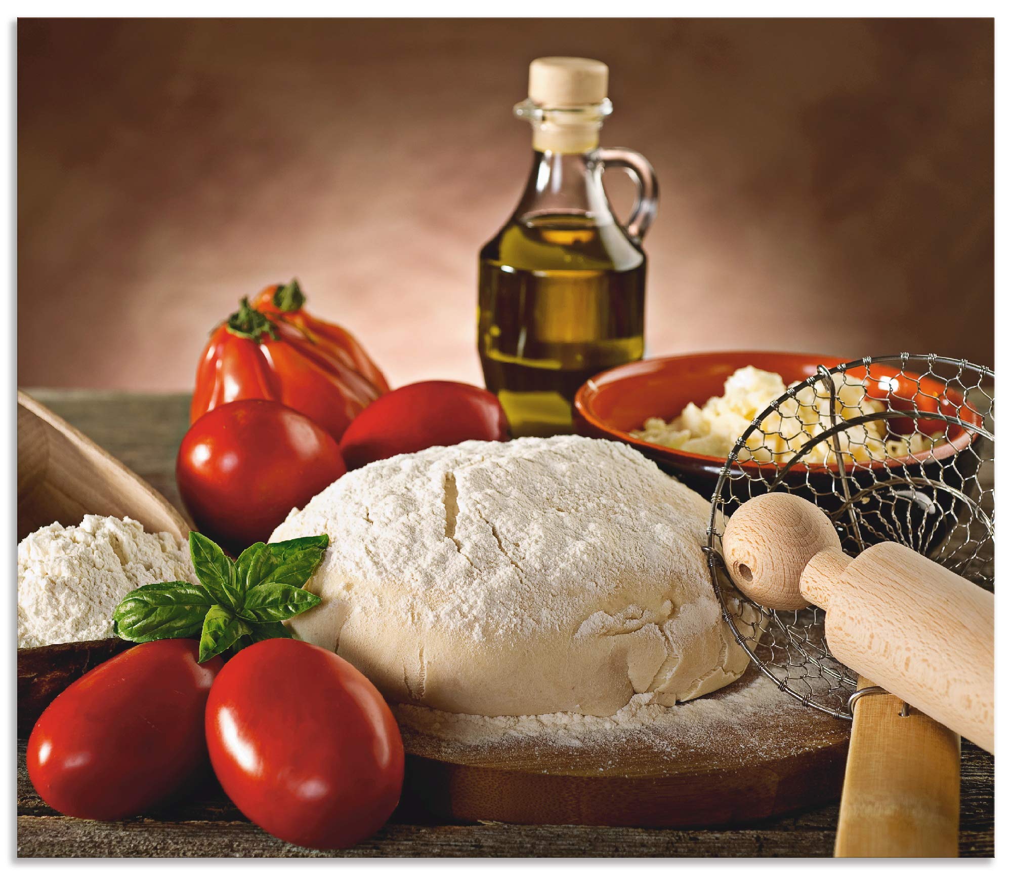 ARTland Spritzschutz Küche aus Alu für Herd Spüle 70x60 cm (BxH) Küchenrückwand mit Motiv Essen Lebensmittel Italien Pizza Tomaten Teig Mediterran T5UZ