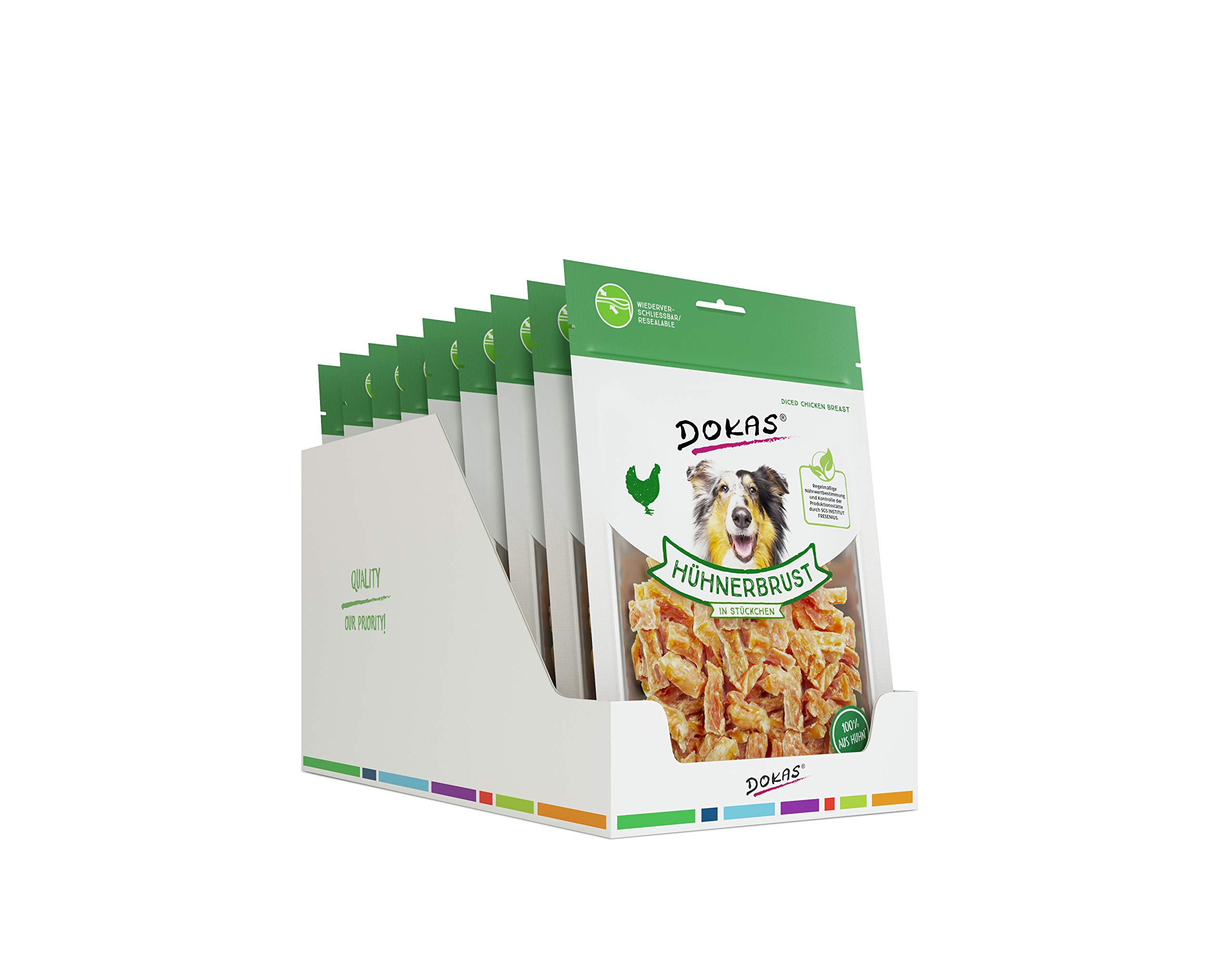 DOKAS Hühnerbrust in Stückchen – Glutenfreier Premium Snack in praktischer Größe für Hunde – Ideal zum Training – 9 x 200 g
