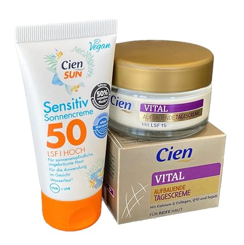 CIEN 2er-Set Hautpflege: SUN Sensitiv Gesichts-SONNENCREME LSF 50 HOCH für sonnenempfindliche, ungebräunte Haut (50 ml) + VITAL TAGESCREME reife Haut (50 ml), 100 ml