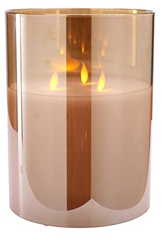Hochwertige & Edle LED Kerze im Glas Windlicht mit Timer & Fernbedienung – Dreidochtkerze/Mehrdochtkerze – Realistisch Flackernd – Neuheit 2020 Weihnachten (Amber, Höhe: 20cm - Ø 15cm)