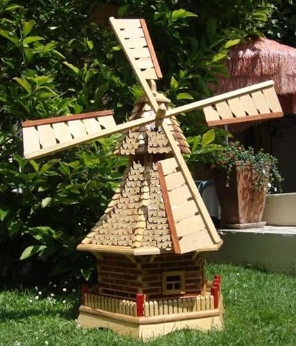 Ölbaum XL Premium-Windmühle Holzwindmühle, Windmühlen Garten, imprägniert + kugelgelagert 1 m groß in Natur geflammt gebrannt hell + klar lackiert mit/ohne Solarbeleuchtung