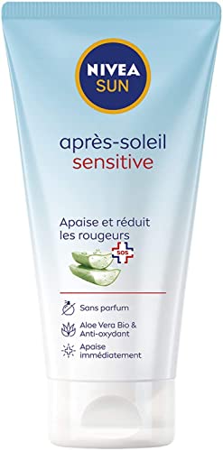 NIVEA SUN Sensitive SOS After Sun Gel (1 x 175 ml), Bio Aloe Vera Gel Feuchtigkeitsspendend & Beruhigend, After Sun Gel ohne besonderen Duft für empfindliche Haut
