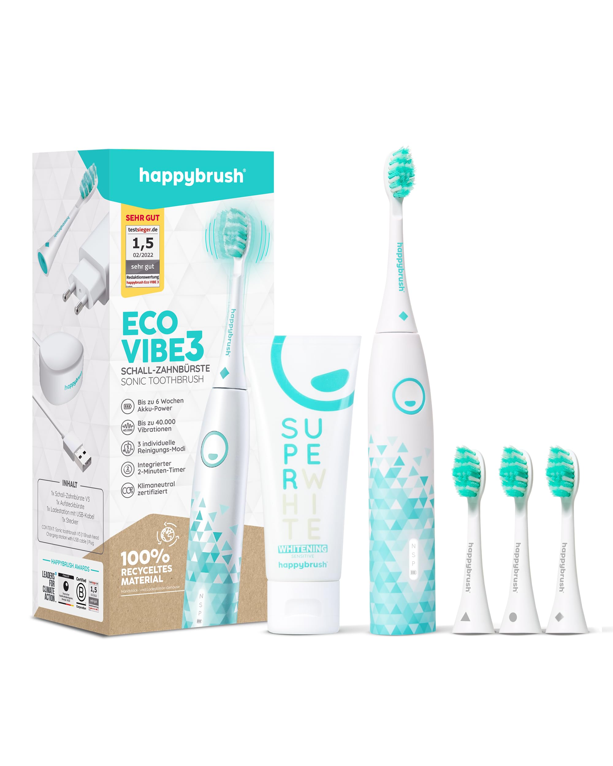 happybrush® Elektrische Schall-Zahnbürste Eco VIBE 3 - Nachhaltige Zahnbürste mit 6 Wochen Power-Akku inkl. 3 Aufsteckbürsten und Zahnpasta - Weiß/Mint