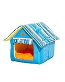 HONGBI Faltbare Katzenhaus,Schön Hundehütte Winter Hundehöhle Hundebett Tierbett Katzenbett Weich und Warm Katzenhöhle Haustier Haus mit Abnehmbarem Matratze Blau M