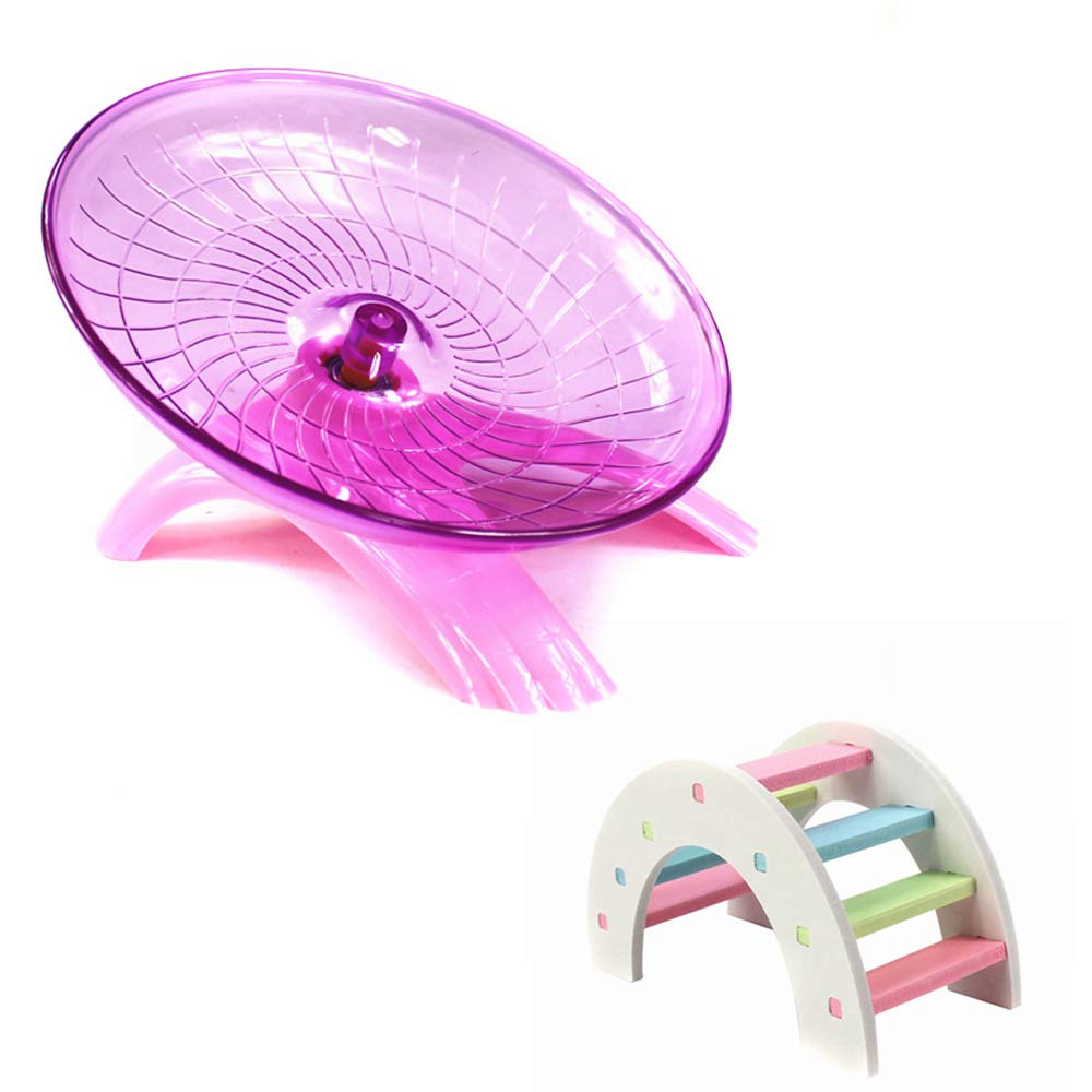 zswell Hamsterspielzeug, Holzbrücke, Regenbogen-Kletter-Set und Laufrad zum Joggen, Laufen, geräuschloser Spinner Hamster Fliegender Untertasse, Rose