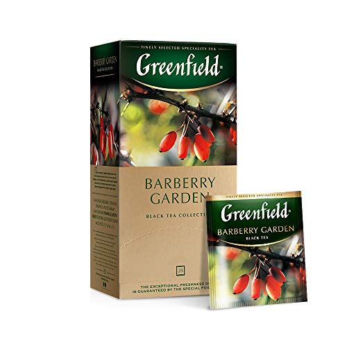 Greenfield Barberry Garden, Aromatisierter Schwarzer Tee, Hibiskus, Berberitze, Kornblume, Vergissmeinnicht, 25 Doppelkammer-Teebeutel mit Etiketten in Folienbeuteln, (25 x 1,5g), 37,5g [10er packung]