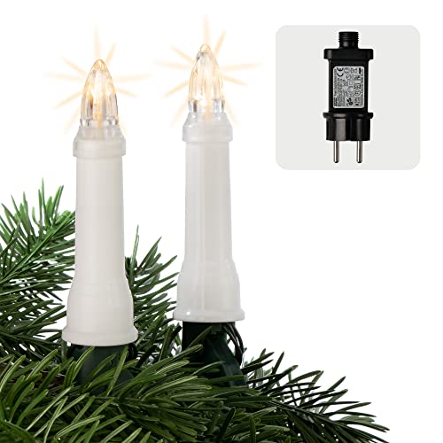 hellum Lichterkette Kerzen Weihnachtsbaum, Kerzen Lichterkette außen mit Clip, 24 warm-weiße LED, beleuchtet 1035cm, 59 lm, Abstand 45cm Kabel grün Schaft weiß, Zuleitung 5m, für Außen Trafo 640403