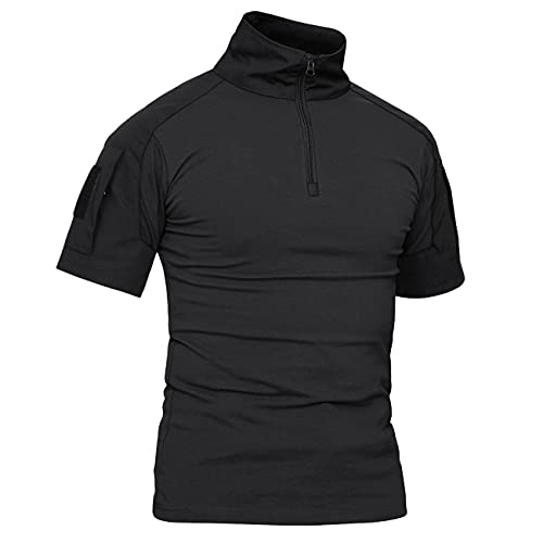 KEFITEVD Taktisch Shirt Herren Kurzarm Militärisch T-Shirt Stehkragen Atmungsaktiv Tactical Hemd Airsoft Uniform Arbeitsshirt Outdoor Schwarz M (Etikett: XL)