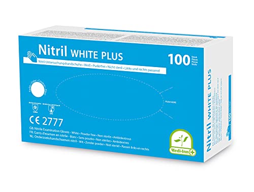 Medi-Inn Nitril White Plus Einmalhandschuhe puderfrei weiß (M, 10 x 100 = 1000 Stück)