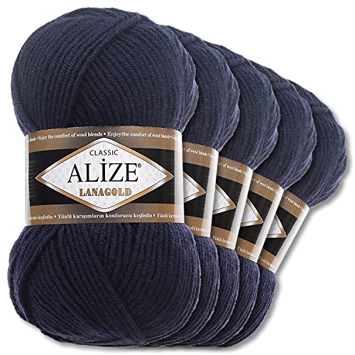 Alize 5 x 100 g Lanagold Wolle | 53 Auswahl | Stricken Häkeln Wolle (58 | Nachtblau)