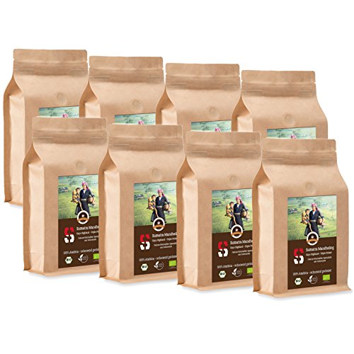 Kaffee Globetrotter - Sumatra Mandheling Gayo Highland - Bio - 8 x 1000 g Sehr Fein Gemahlen - für Kaffee-Vollautomat, Kaffeemühle - Röstkaffee aus biologischem Anbau | Gastropack Sparpack