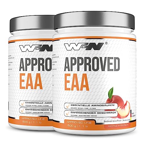 WFN Approved EAA - Eistee-Pfirsich - 2x 500g Dose - 9 Essentielle Aminosäuren + L-Histidin - Instant EAA Pulver - Vegan - 70 Portionen - Made in Germany - Extern laborgeprüft