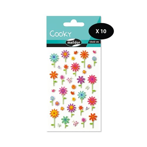 Maildor 560356Cpack – ein Beutel mit 3D-Aufklebern Cooky, 1 Bogen 7,5 x 12 cm, Blumen (37 Aufkleber), 10 Stück