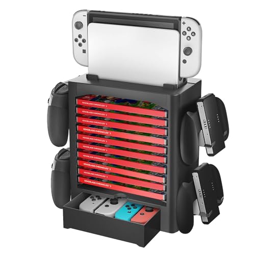 TNP Switch Organizer Station Game Storage Tower Stand for Nintendo Switch/Switch OLED with Dock Holder, 10 Game Case Vertical Shelf 4 Controller Rack Joy-con Drawer