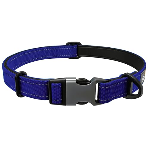 Starkes Hundehalsband, mittelgroße Hunde, reflektierend, gepolstert, verstellbar, Sicherheits-Metallschnalle, Aluminium-V-Ring, nautisches Marineblau