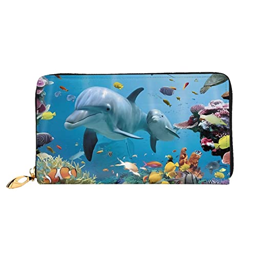 DEHIWI Ocean Delphin Looking at You Leder Geldbörse mit Reißverschluss für Damen, Clutch, Reisekartenhalter, Geschenk, Schwarz , Einheitsgröße