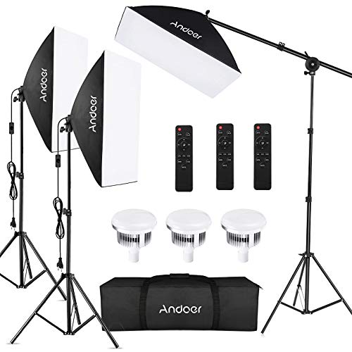 Andoer Fotografie Licht Kit Softbox-Beleuchtungsset 3 Packung, mit 85 W 2800K-5700K zweifarbige dimmbare LED Lampen, Fernbedienungen und Lampenständer für Video Aufnahmen Porträtlfotografie usw