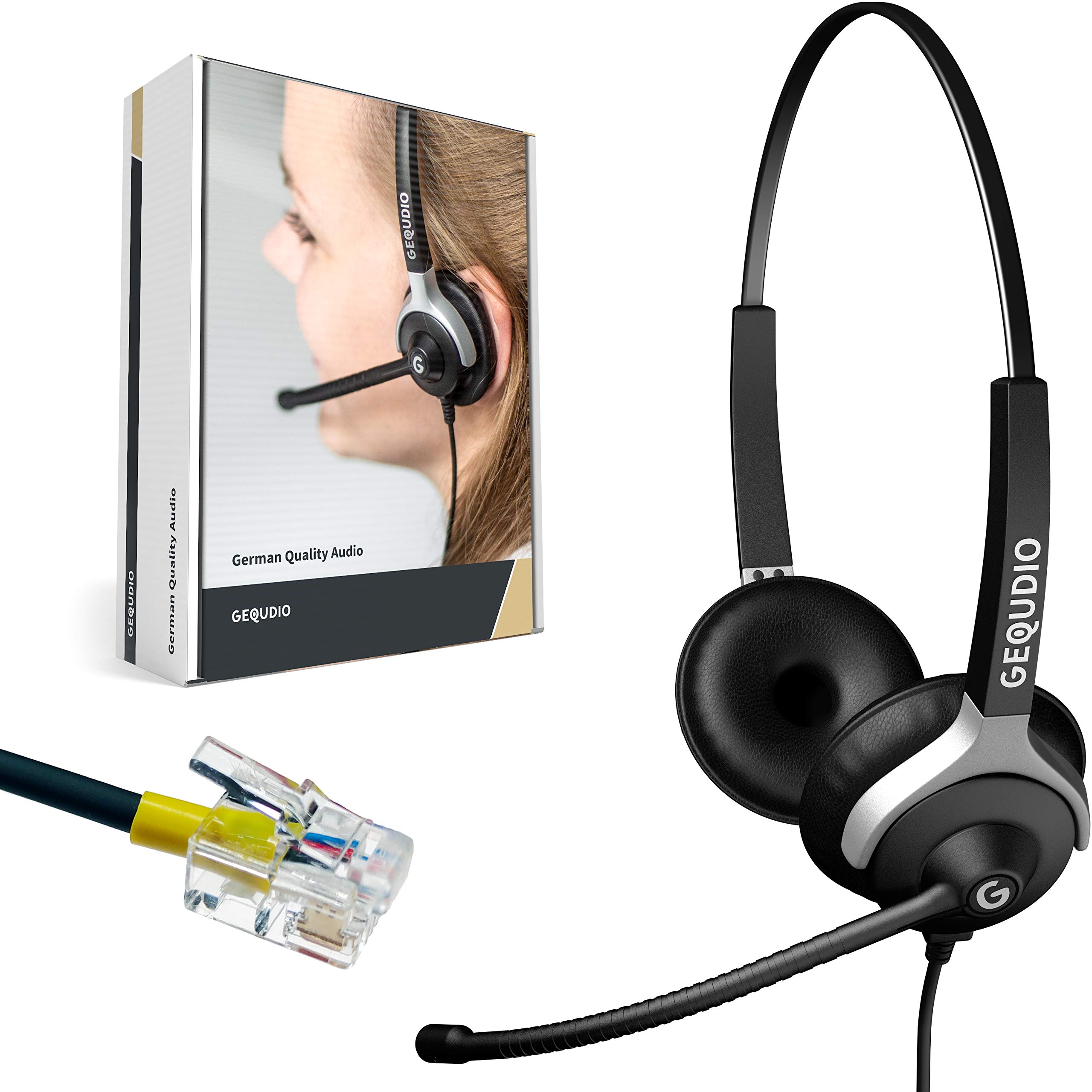 GEQUDIO Headset für GX3+ GX5+ und kompatibel mit Mitel, Aastra, GEQUDIO, Poly/Polycom und Gigaset-RJ Telefon - inklusive RJ Kabel - Kopfhörer & Mikrofon mit Ersatz Polster - leicht 80g (2-Ohr)