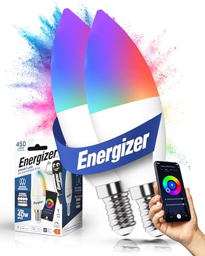 Energizer Smart LED, mehrfarbige dimmbare WLAN Birne, 5, 5W, per App steuerbar, Home Leuchtmittel, mit Alexa, Google und Siri, kein Hub benötigt, Lampenfassung E14, 2 Stück, S18688