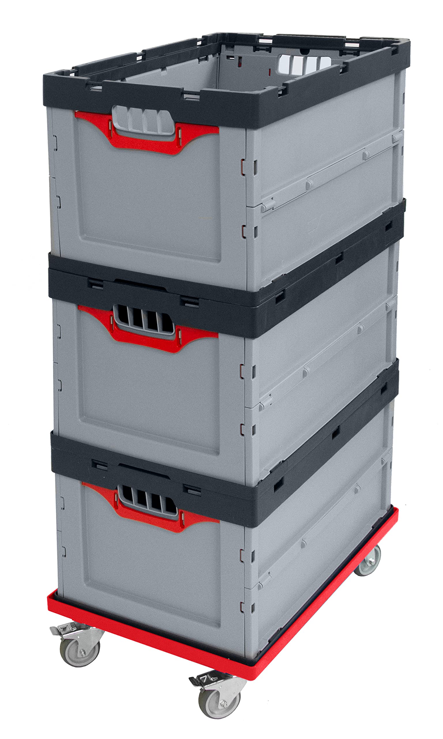 Auer Faltbox 3er Set + roter Rollwagen FB 64/32 | Angebotspaket: 3 Kunststoffboxen 60x40x32cm, 67L + Transportroller mit Lenkrollen | Faltboxen klappbar und stapelbar für Lager und Transport