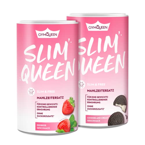 GymQueen Slim Queen Abnehm Shake 2x420g, Erdbeer + Cookies Cream, Leckerer Diät-Shake zum einfachen Abnehmen, Mahlzeitersatz mit wichtigen Vitaminen und Nährstoffen, nur 250 kcal pro Portion