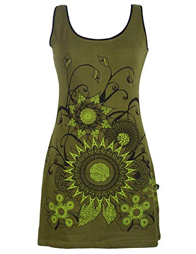 Vishes - Alternative Bekleidung - Ärmelloses Blumenkleid aus Baumwolle mit weitem Ausschnitt Olive 42