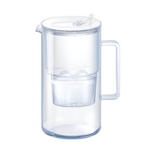 AQUAPHOR Glas-Wasserfilterkanne Weiß inkl. 1 MAXFOR+ Filter I Karaffe im Glas Design mit leicht befüllbaren Klappdeckel I Reduziert Kalk, Chlor & Mikroplastik I Eleganter Wasserfilter 2,5l
