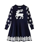 ZHUANNIAN Warmes, geripptes Strickkleid für Mädchen mit Rentier- und Schneeflockenmotiv, Weihnachtsmann-Geschenk Gr. 8-9 Jahre, marineblau