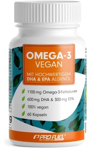Omega-3 vegan aus Algenöl [1.100 mg] Testsieger 2021 - Hochdosiert mit 300mg EPA & 600mg DHA | hochwertiges Omega-3 Öl in Kapseln (vegan) | Laborgeprüft mit Analyse-Zertifkat | 60 Kapseln
