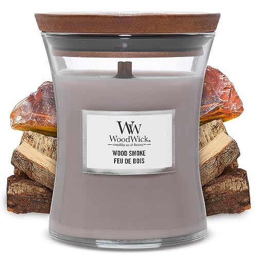 WoodWick mittelgroße Duftkerze im Sanduhrglas mit knisterndem Docht, Wood Smoke, bis zu 60 Stunden Brenndauer