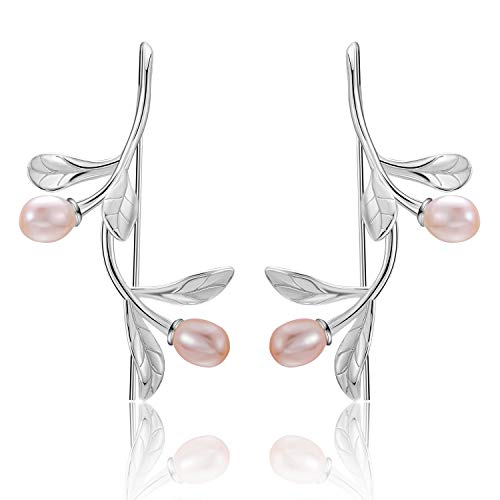 Lotus Fun S925 Sterling Silber Ohrringe Wassertropfen aus den Olivenblättern Tropfen Ohrringe für Frauen und Mädchen, Kreativ Natürlicher Perle Handgemachter Einzigartiger Schmuck (Silver Pink Pearl)