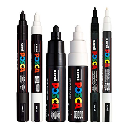 Posca schwarze und weiße Marker, Set mit 6 Stiften (PC-5M, PC-7M, PC-3M)